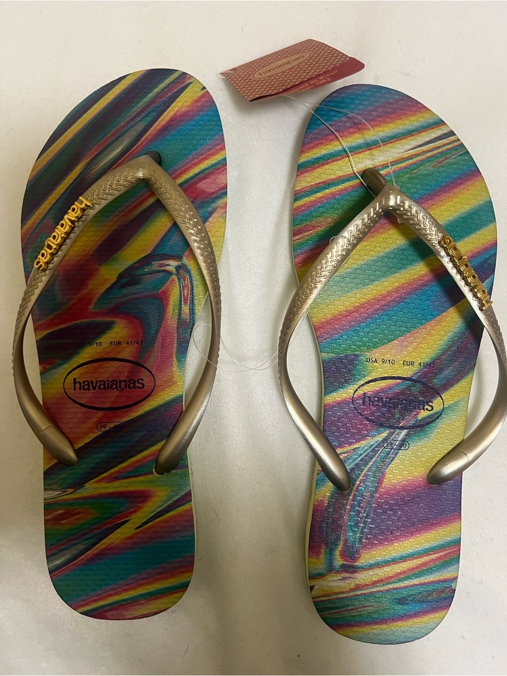 Havaianas Multicolor Striped Flip Flops with Gold Straps